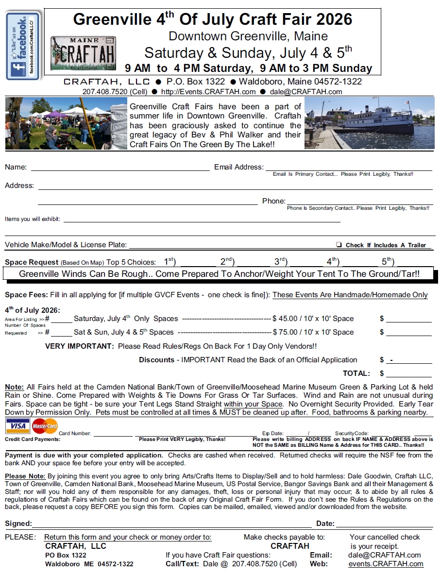 Greenville Craft Fairs 4th of July Application